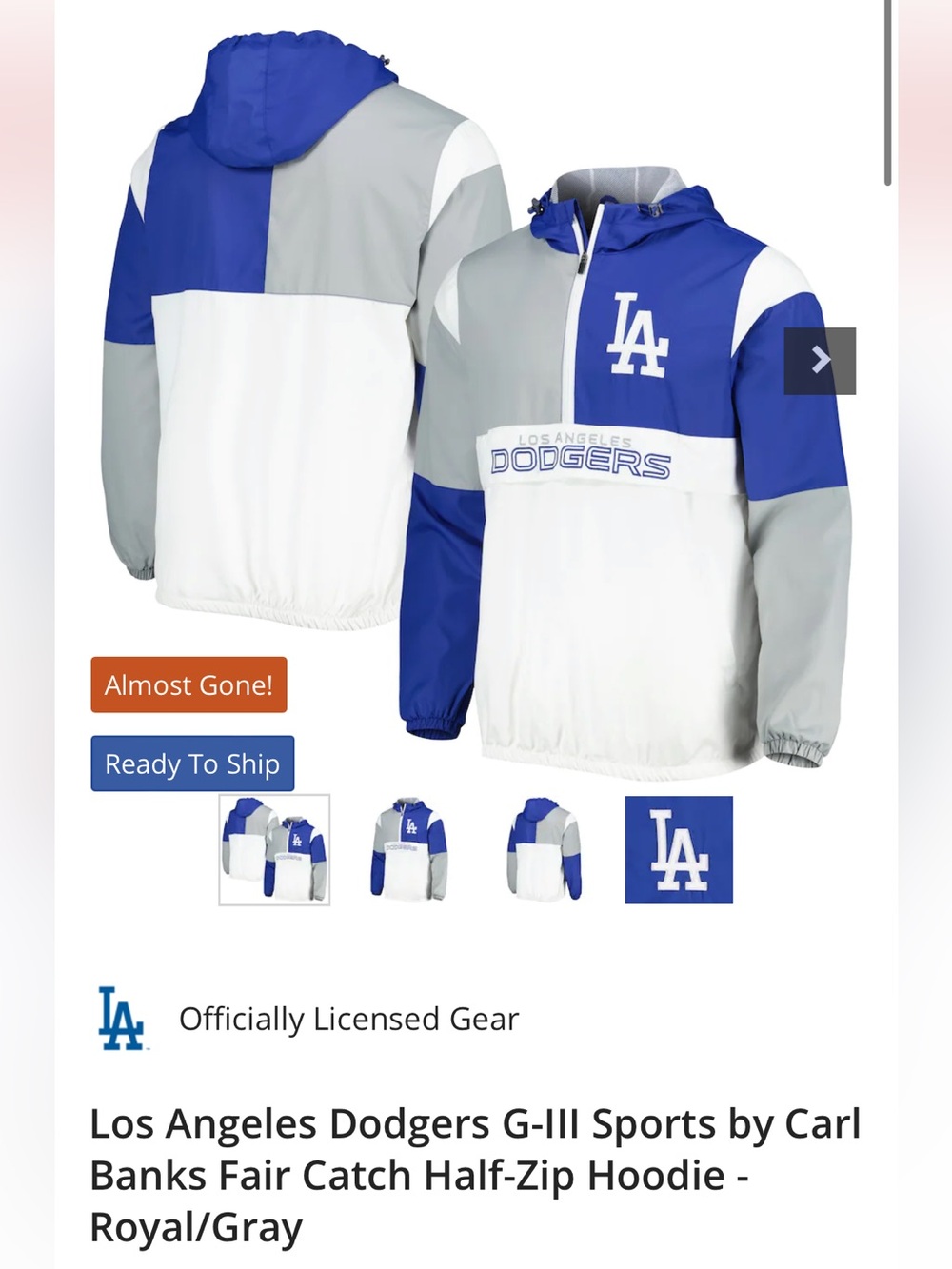 Los Angeles Dodgers G-III Sports Fair Catch Half-Zip Hoodie Royal/Gray Small